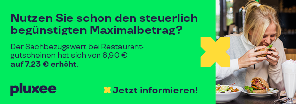 Pluxee Restaurant Gutschein wird beworben mit dem Text: Nutzen Sie schon den steuerlich begünstigten Maximalbetrag?